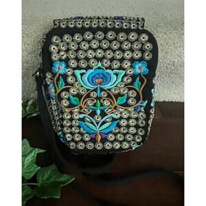 Vintage blue floral embroidered boho hippie retro crossbody bag